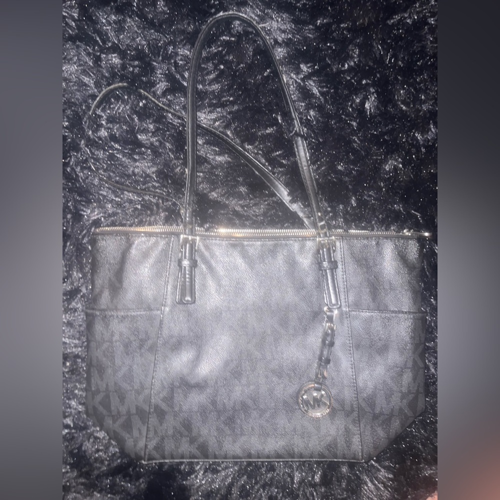 Michael Kors Black Logo Monogram Tote with Gold Accents